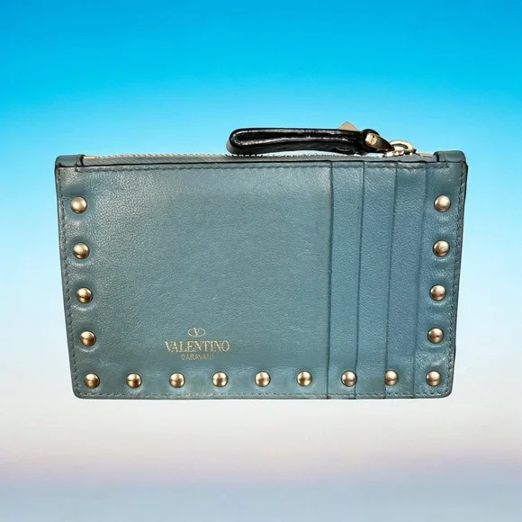 Valentino Garavani Blue Rockstud Calfskin Card Holder With Zipper (A173) - Picture 5 of 10